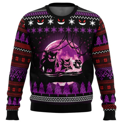 Bandai Pokemon Anime Peripheral Gengar Adult Kids Crewneck Ugly Christmas Sweatshirt Soft Comfy Loose Plus Size Autumn Winter