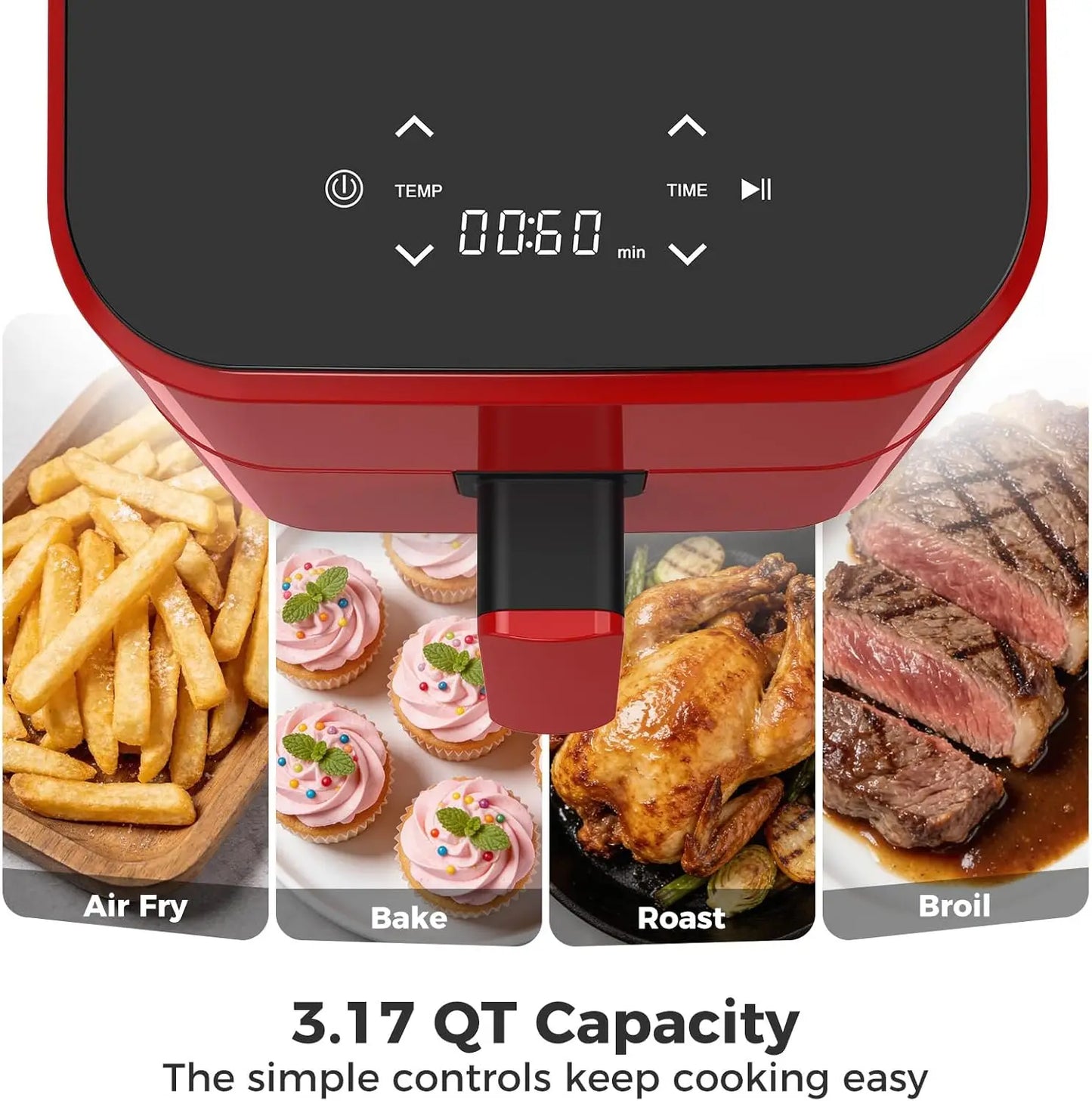 3QT Air Fryer, Small Air Fryer with Digital PP Touch Panel, Red