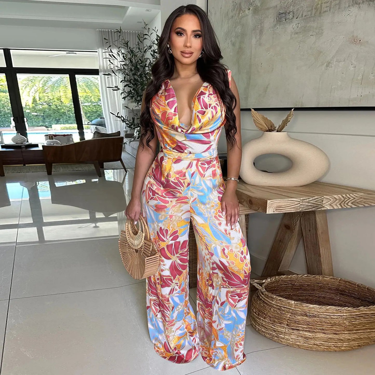 Summer Women 2025 Outfits Beach Jumpsuit Cover Up For Female Swim Swimsuit Sexy Tunic Sleeveless Lace Up Wide Leg Printed Romper