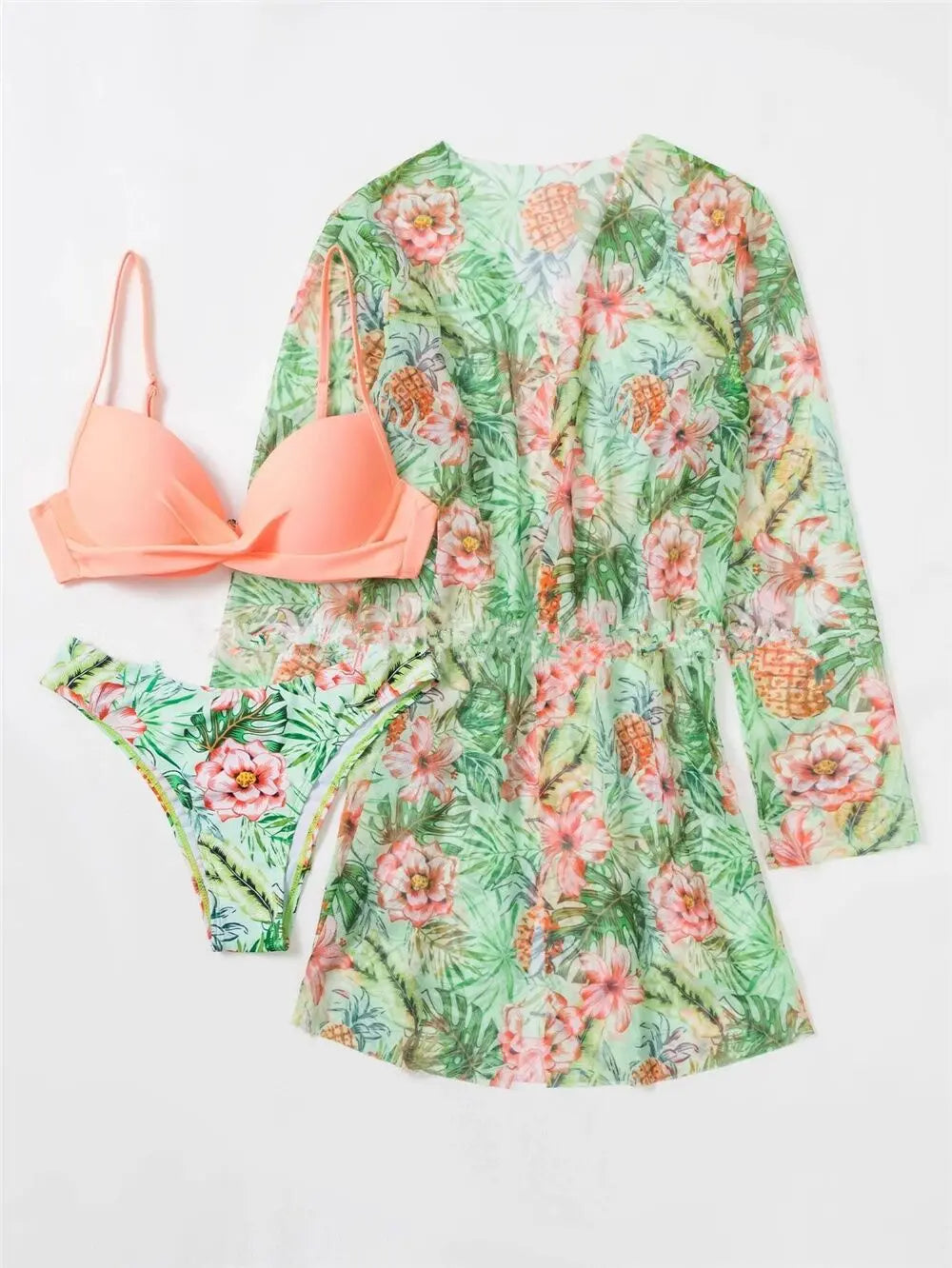 Three Pieces Bikini Set Cover Up Women 2023 New Push Up Twist Swimsuit Print Long Sleeve Swimwear Biquini Bathing Suit Summer