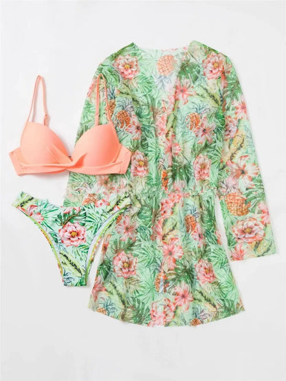 Three Pieces Bikini Set Cover Up Women 2023 New Push Up Twist Swimsuit Print Long Sleeve Swimwear Biquini Bathing Suit Summer