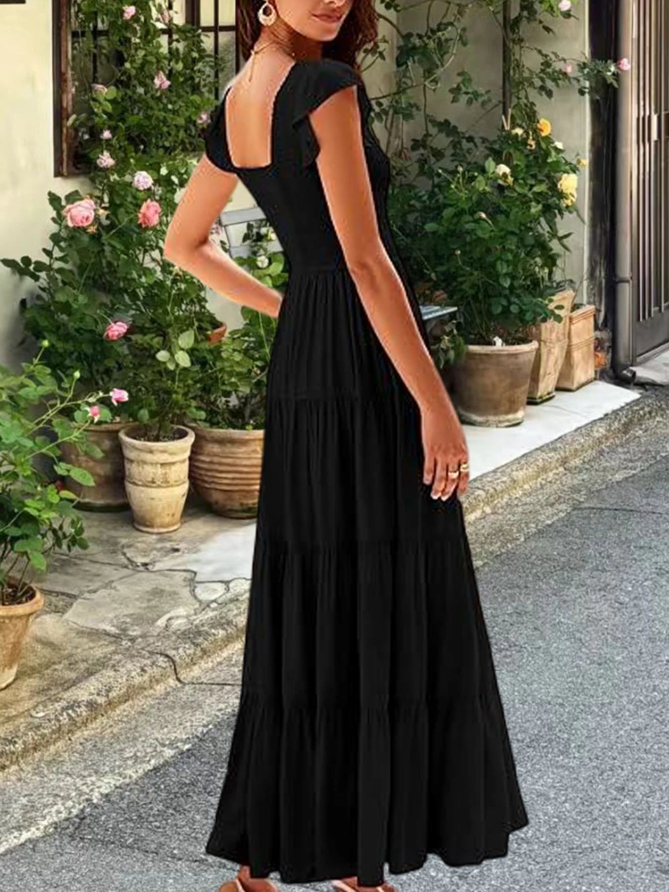 Ruched V-Neck Tiered Maxi Dress: Flutter Butterfly Sleeve Summer Gown