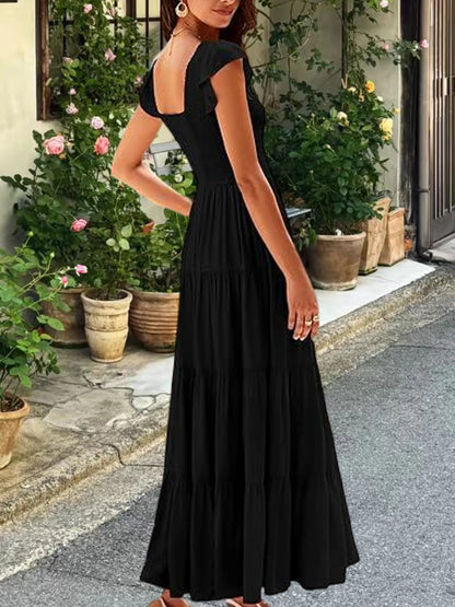 Ruched V-Neck Tiered Maxi Dress: Flutter Butterfly Sleeve Summer Gown