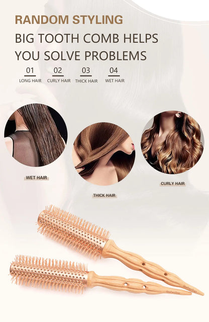 Professional Wood Round Curly Combs For Women Hairdressing Massage Brush Salon Barber Aluminum Tube Hair Styling Comb New Type