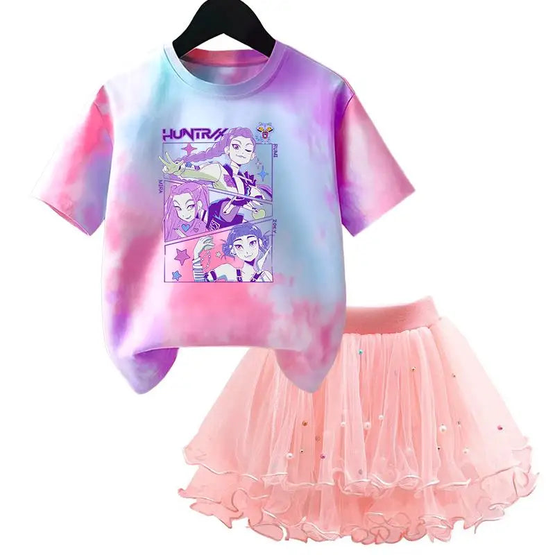 Girls' K-Pop HUNTRX Princess Set: Tie-Dye Graphic Tee & Pearl Tutu Skirt 2-Piece Outfit