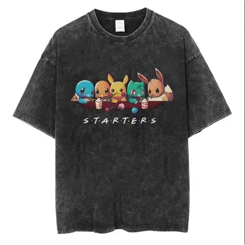 Pokemon Anime Retro Washed T-shirt Cotton Men's and Women's Summer New Item Plus Size T-shirt Y2K Loose Casual Short Sleeved Top