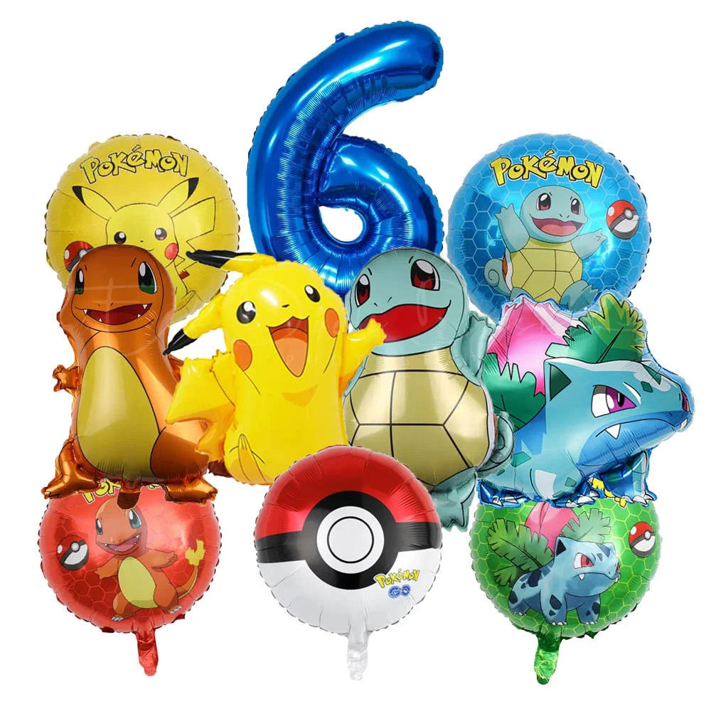 10pcs Cartoon Theme Party Balloon jump Pikachu Little Fire Dragon Jenny Turtle Foil Balloon Kids Birthday Party Decoration Gifts