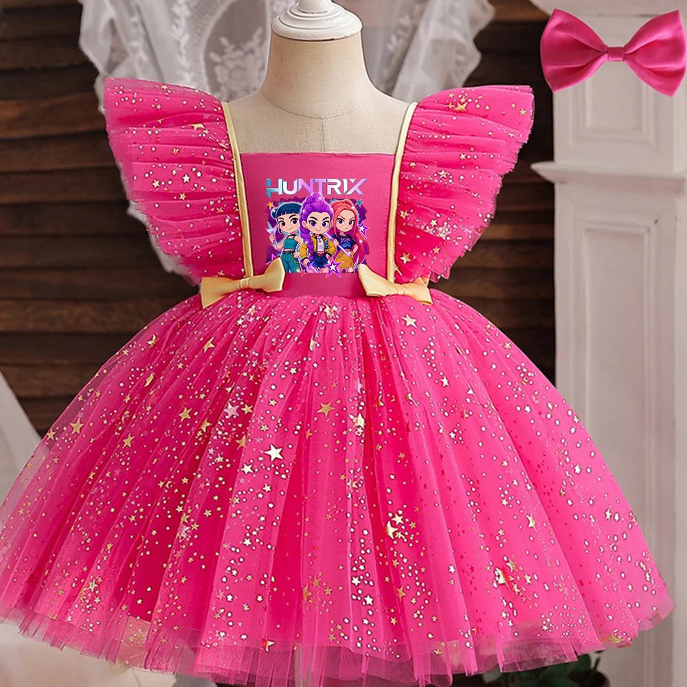K-Pop Hunters Zoey Rumi Girl Fall Party Dress Birthday Holiday High Waist Tulle Dress Bow Wedding Gown Kids Wear Princess Dress