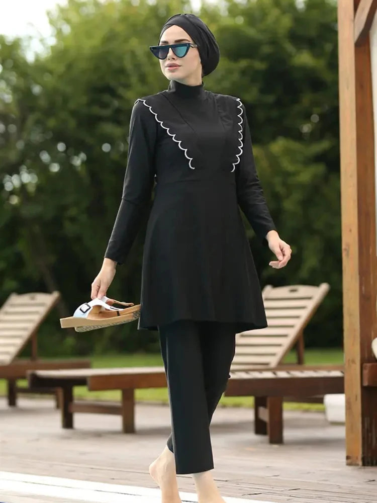 3PCS Black Series Modest Burkini Femmes Muslim Swimsuit Swimwear Summer Beach Women's Swimsuit Lotus Leaf Edge Design