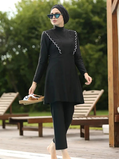 3PCS Black Series Modest Burkini Femmes Muslim Swimsuit Swimwear Summer Beach Women's Swimsuit Lotus Leaf Edge Design