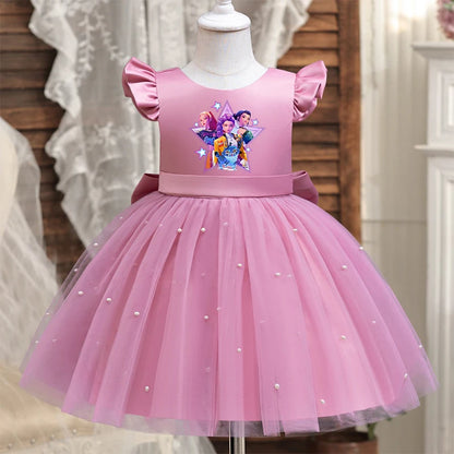 Girls' K-Pop "Pearl Essence" Gala Gown: Pink Tulle Tutu Dress with XL Back Bow & Beading