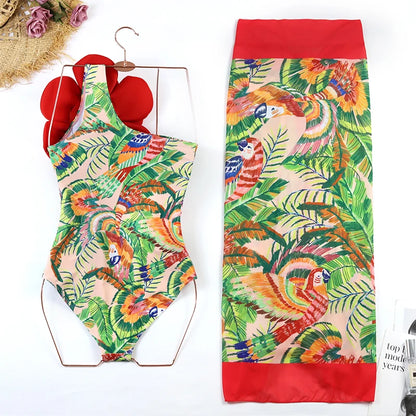 2024 Sexy Women's Swimsuit with Skirt One-Piece Swimwear Vintage Ruffle V Neck Cover Up Bikinis Set Beachwear Bathing Suit