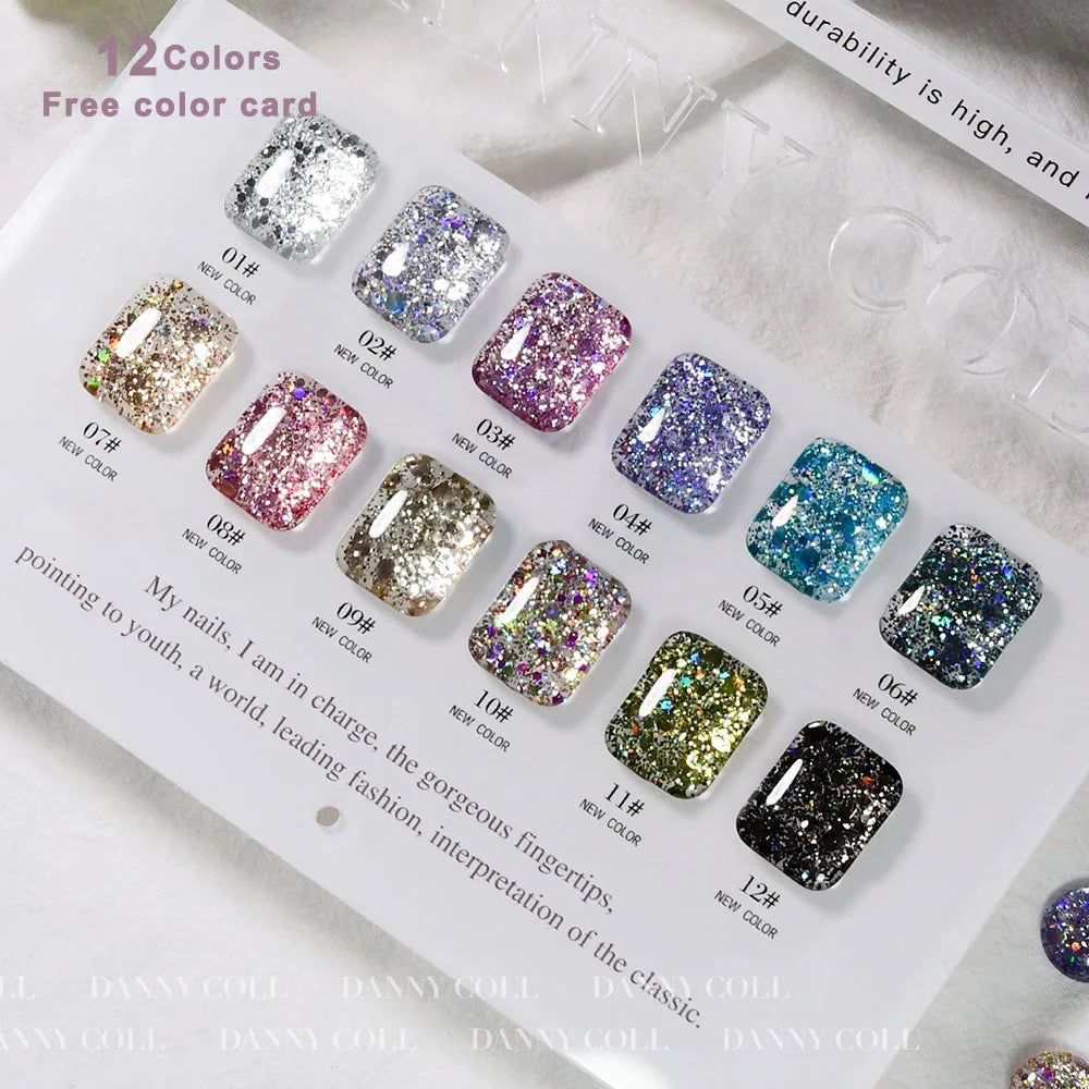 Starlight 12 Colors Sparkling Glitter Gel Nail Polish Set With Color Card 15ML Sequins Nail Gel Semi-Permanent UV LED Varnishes
