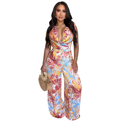 Summer Women 2025 Outfits Beach Jumpsuit Cover Up For Female Swim Swimsuit Sexy Tunic Sleeveless Lace Up Wide Leg Printed Romper