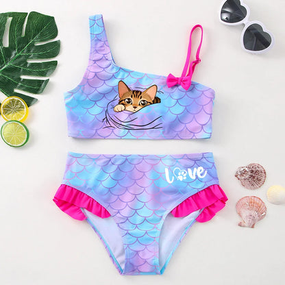 Girls' "Nature Love" Bikini Set: Mermaid Scale Pattern with Chibi Fox & Asymmetric Ruffles