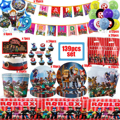139PCS Roblox Birthday Decoration Party Kit Disposable Tableware Set Roblox Game Tablecloth Balloon Gift Bag Kids Party Supplies