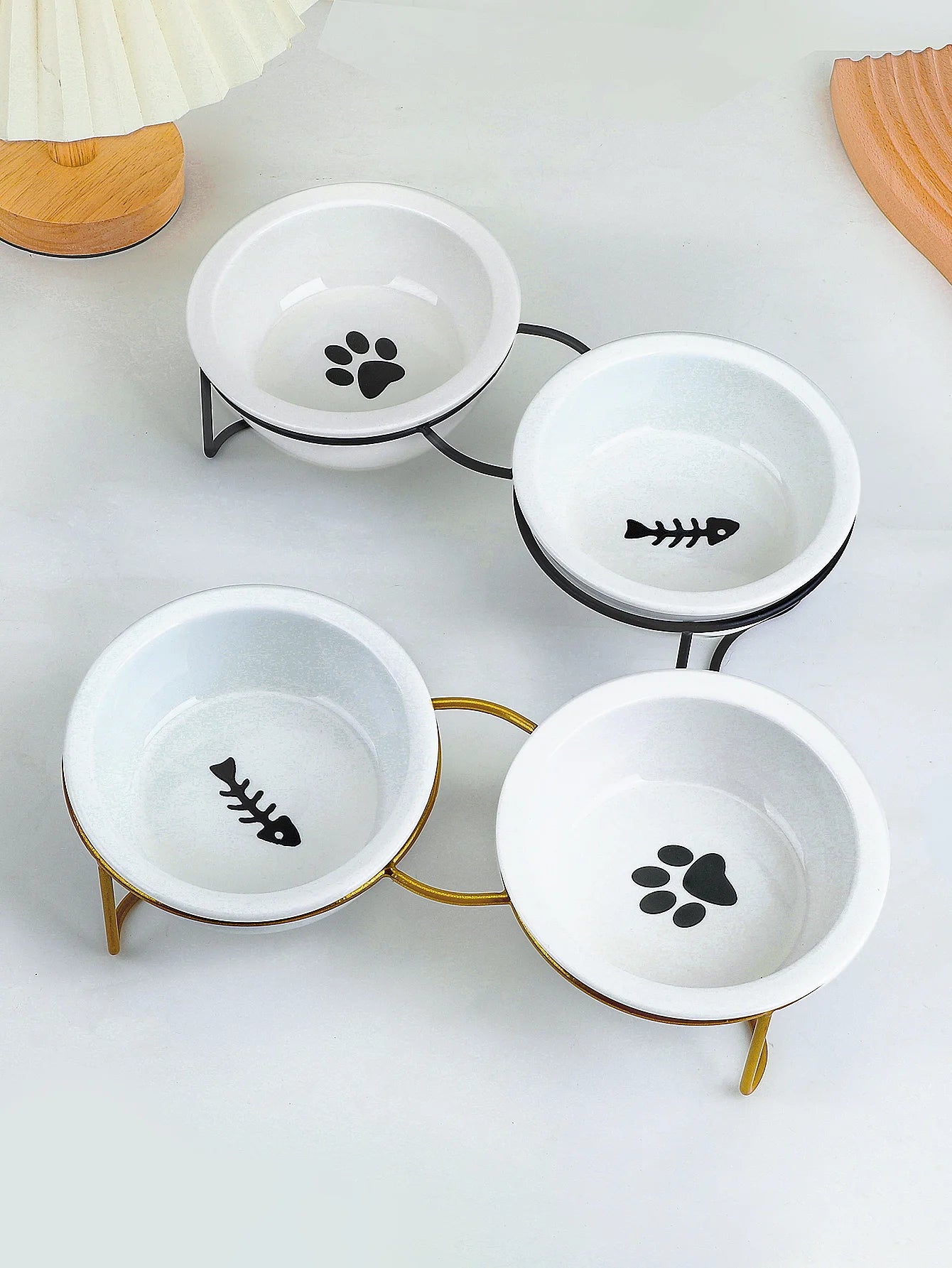 1 Set Elevated Ceramic Cat Bowls 1 Set Non-Slip Ceramic Cat Food And Water Bowls With Iron Bracket, Elevated Tilted Cat Feeder