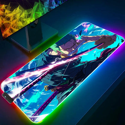 ONE PIECE Zoro RGB Mouse Pad Anime Carpe Large PC Gamer Computer LED Mausepad Keyboard Gaming Accessories Backlight Desk Mat XXL