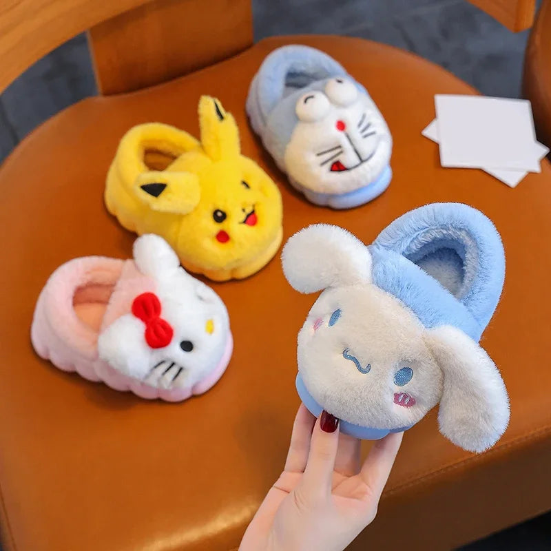 Cartoon Pikachu Figures Cotton Slippers Cover Heel Anime Peripheral Cute Flat Autumn/Winter Warm Plush Slippers Christmas Gifts