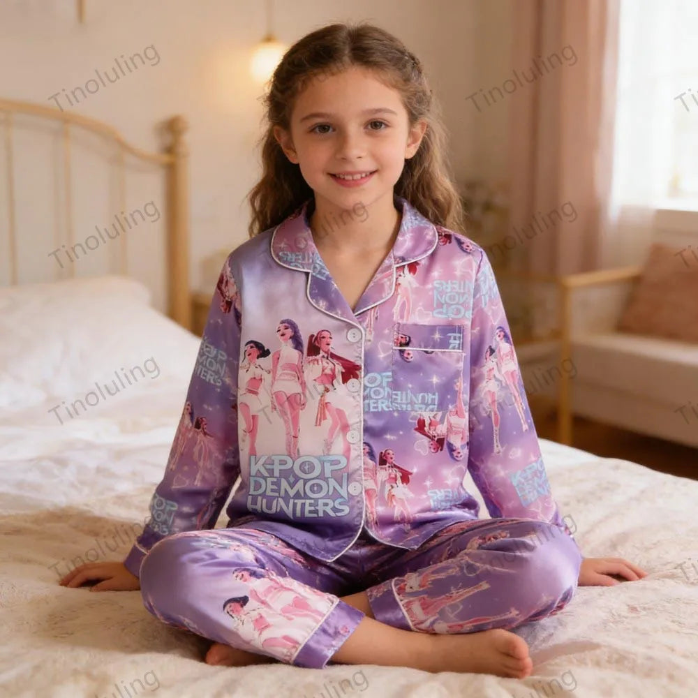 Kids' K-Pop Demon Hunters Satin Pajama Set: Long Sleeve Luxury Sleepwear