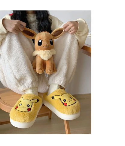 Pokemon Anime Couple Slippers Cute Pikachu Eevee Cartoon Cotton Home Shoes for Men And Women with Velvet Insulation Winter Gifts