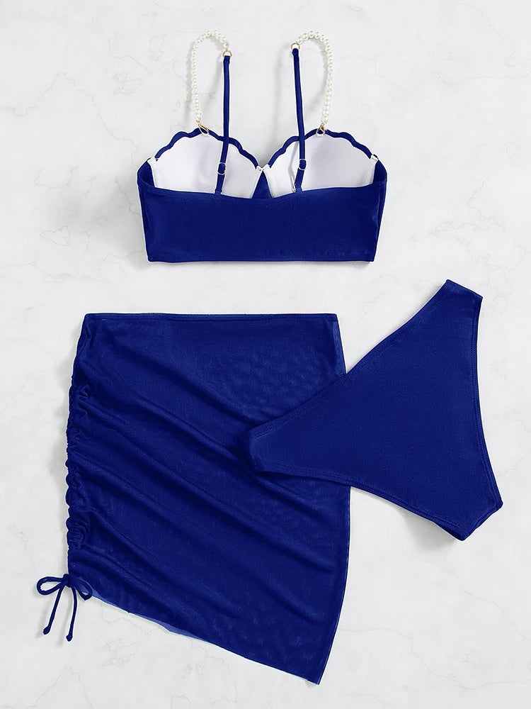 Sexy 3 Piece Bikinis Set Women Swimsuit with Skirt Swimwear 2023 New Female Push Up Bikini Beachwear Faux Pearl Bathing Suit