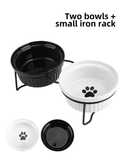 1 Set Elevated Ceramic Cat Bowls 1 Set Non-Slip Ceramic Cat Food And Water Bowls With Iron Bracket, Elevated Tilted Cat Feeder
