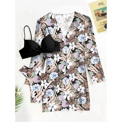 Three Pieces Bikini Set Cover Up Women 2023 New Push Up Twist Swimsuit Print Long Sleeve Swimwear Biquini Bathing Suit Summer