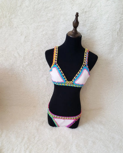 Bikini Crochet 2025 Handmade Knit Patchwork Reversible 2 Piece Swimsuit Women Halter Top Brazilian Bathing Suit Thong Swimwear