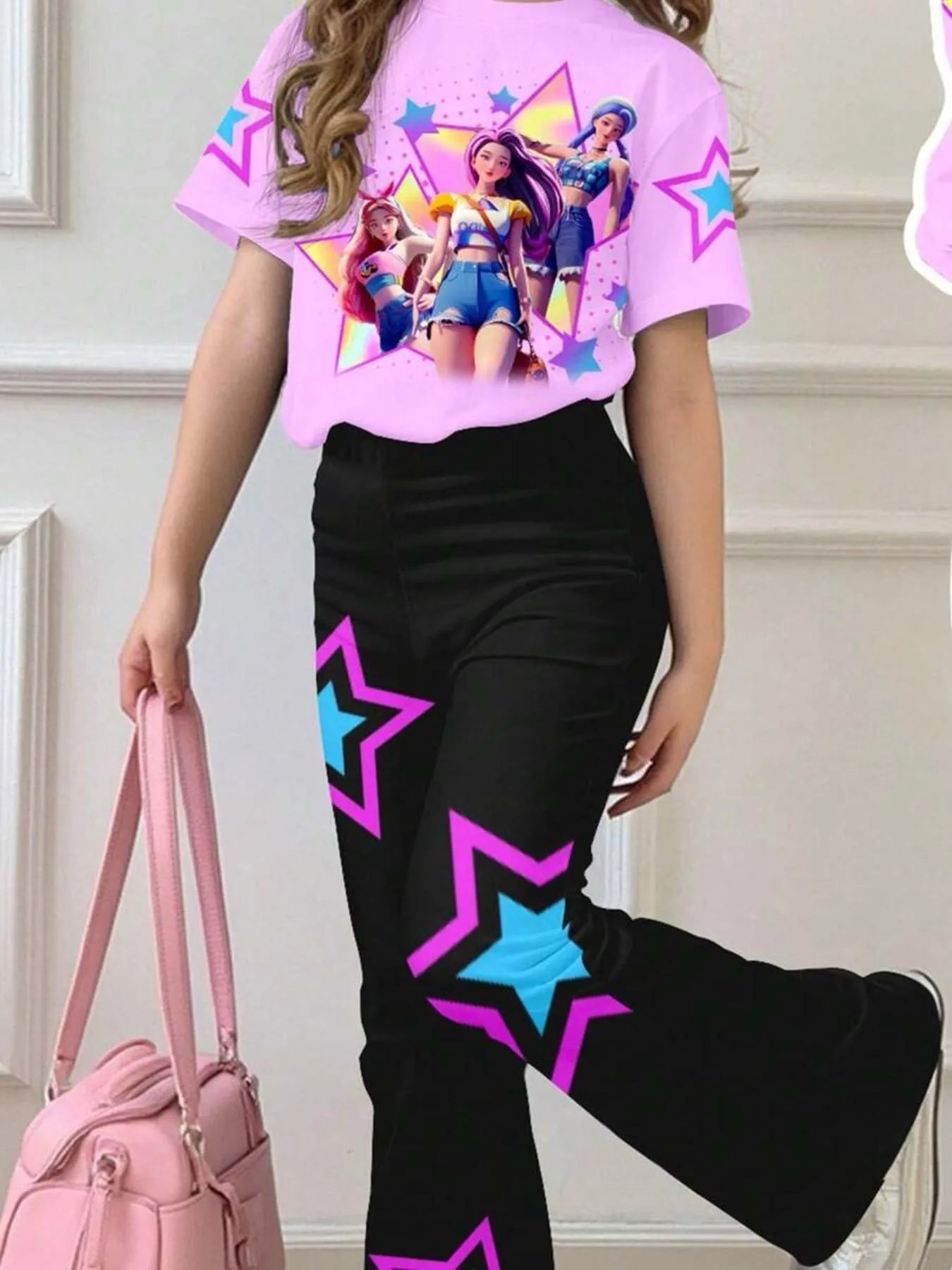 Girls' K-Pop "Nova Star" 2-Piece Set: Pink Idol Graphic Tee & Black Flare Pants