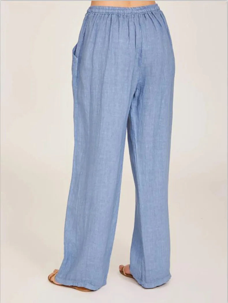 Loose Linen-Blend Wide Leg Casual Pants: Breathable Drawstring Summer Trousers