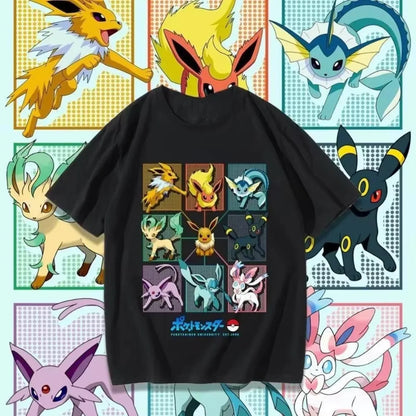 Pokémon Cartoon Eevee Cherry Blossom T-shirt Summer New Men and Women  Loose Fashionable Casual Harajuku Short Sleeved Top