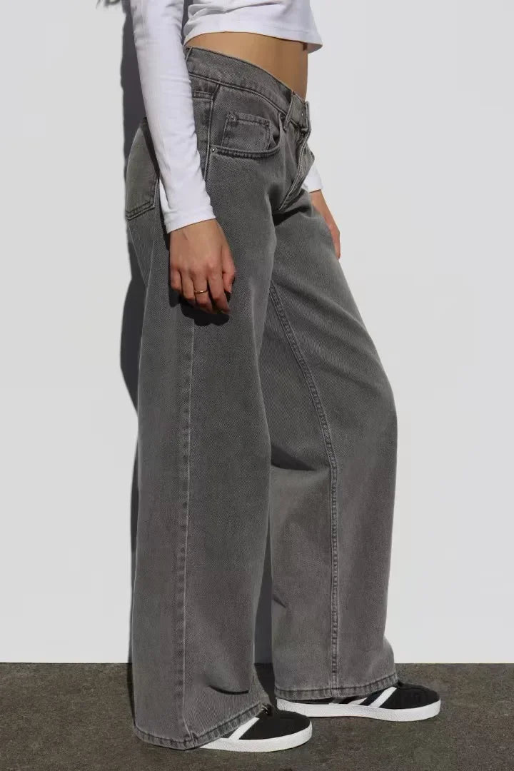 Vintage Distressed Straight-Leg High-Waisted Washing Jeans Loose-Fit Draped Versatile European And American Style Denim Pants