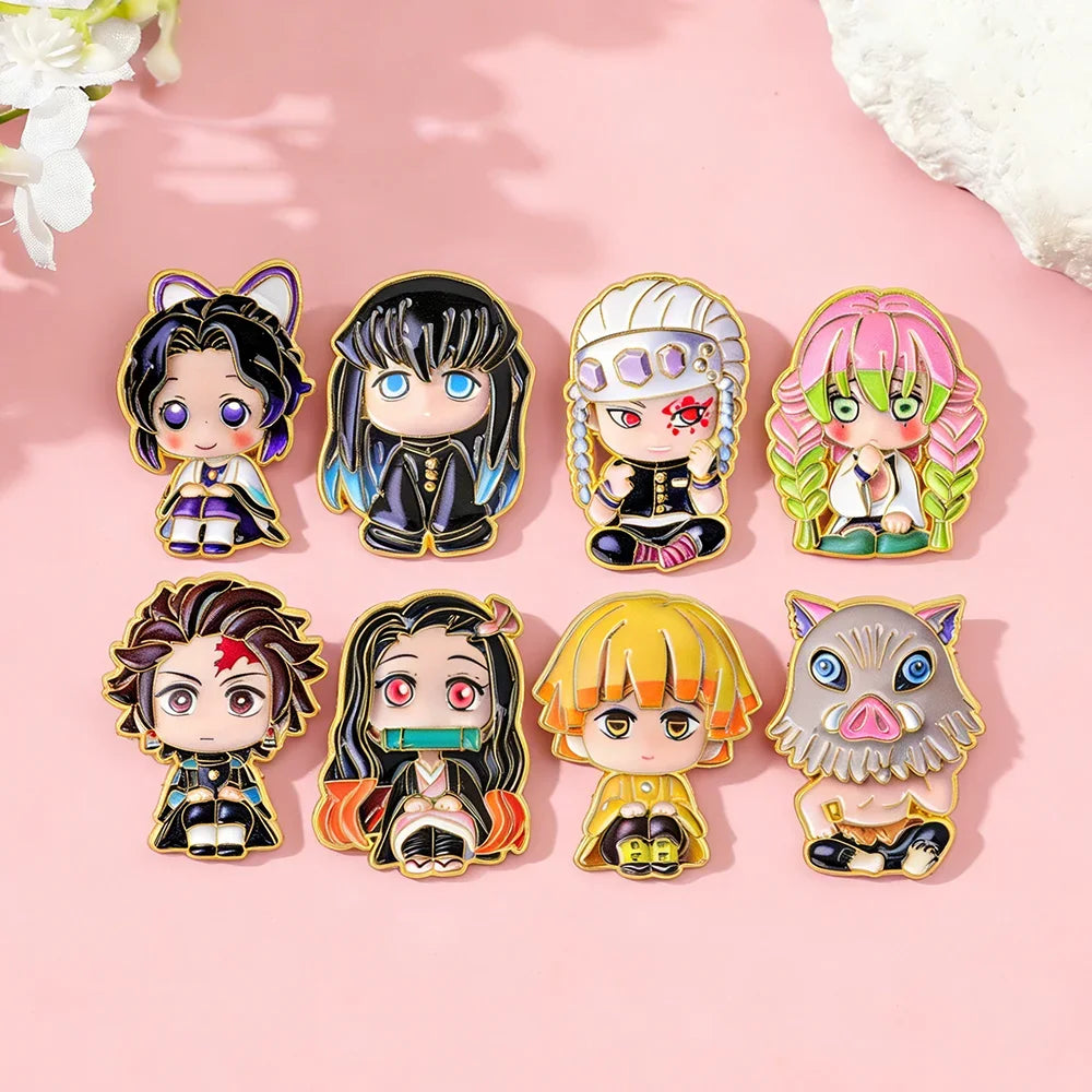 8Pcs Cute Demon Slayer Brooch Badge Anime Cosplay Chibi Character Tanjiro Nezuko Shinobu Giyuu Rengoku Enamel Lapel Pins Gift