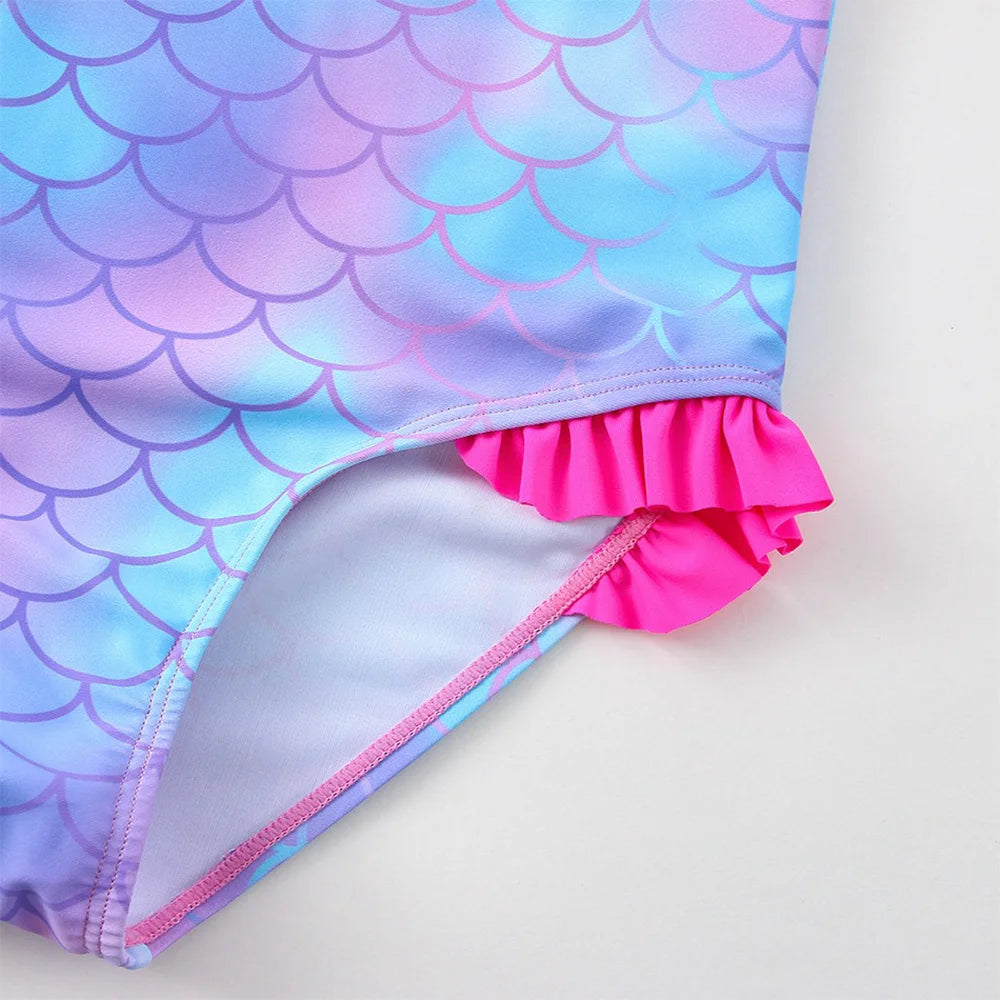 Girls' "Mermaid Heart" One-Piece Swimsuit: Colorful Scale Pattern with Asymmetric Ruffles