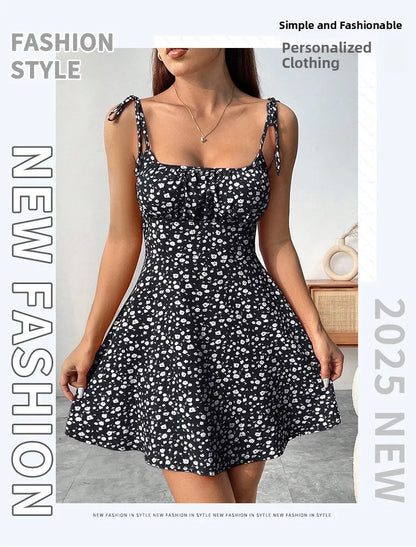 French Style Floral Summer Mini Dress: Sleeveless Camisole with Tie Straps