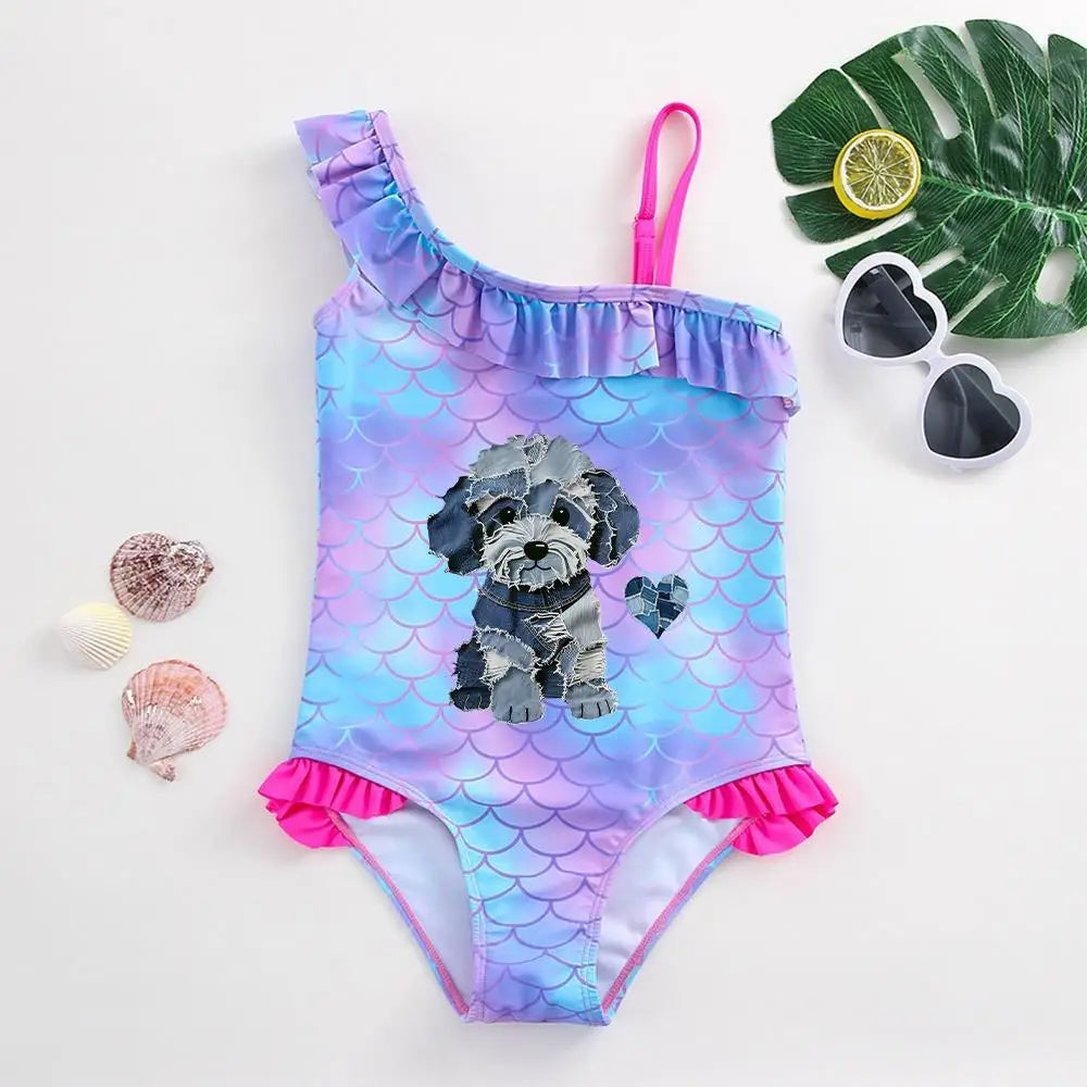 Girls' "Mermaid Heart" One-Piece Swimsuit: Colorful Scale Pattern with Asymmetric Ruffles