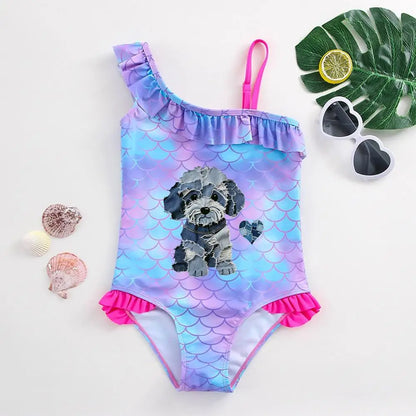 Girls' "Mermaid Heart" One-Piece Swimsuit: Colorful Scale Pattern with Asymmetric Ruffles