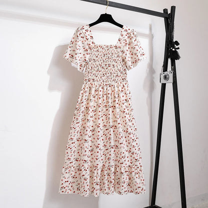 Floral Chiffon Smocked Midi Dress: Butterfly Sleeve Square Neck A-Line Gown