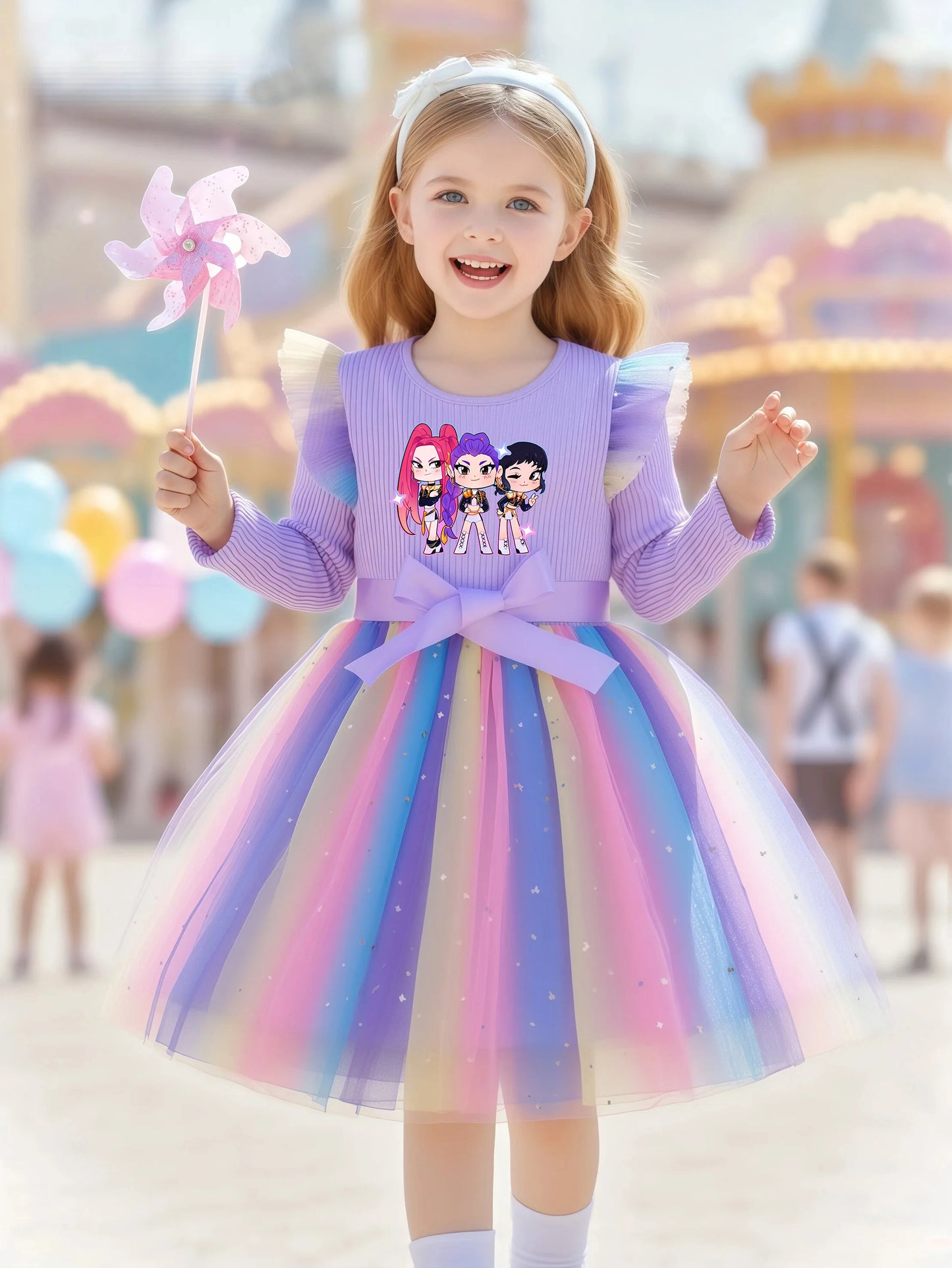 K-Pop Hunters Zoey Mira Rumi Colorful Princess Dress for Kids Girls Casual Long Sleeve Sequin Mesh Dresses Party Gift 1-5Y