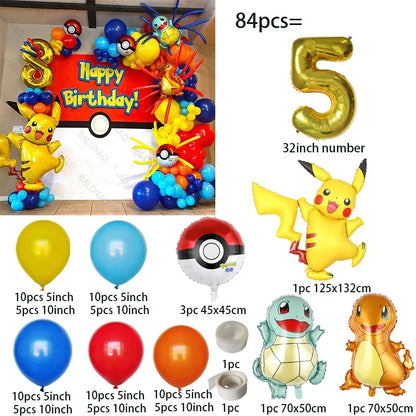 84pcs Pikachu Party Balloons Garland Arch Kit Pokemon Theme Birthday Party Decor Supplies Pikachu Squirtle Bulbasaur Pocket Ball