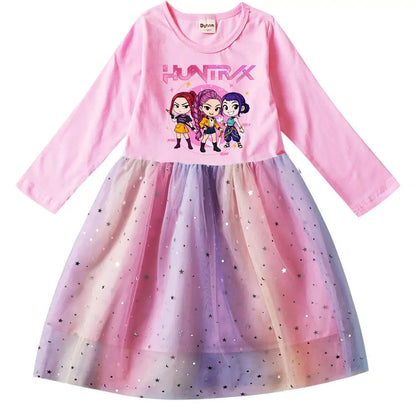 Girls' K-Pop Demon Hunters "Star Sparkle" Long Sleeve Tutu Dress: Rainbow Tulle Princess Gown