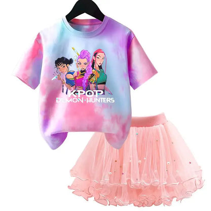 Girls' K-Pop HUNTRX Princess Set: Tie-Dye Graphic Tee & Pearl Tutu Skirt 2-Piece Outfit