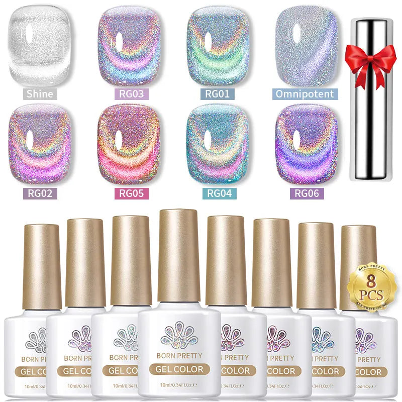 BORN PRETTY 8Pcs Glitter Cat Magnetic Nail Gel Polish Set Moonlight Transparent Summer Semi Permanent UV Gel Soak Off Nail Gel