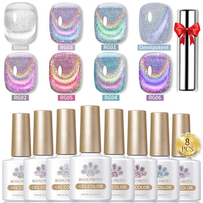 BORN PRETTY 8Pcs Glitter Cat Magnetic Nail Gel Polish Set Moonlight Transparent Summer Semi Permanent UV Gel Soak Off Nail Gel
