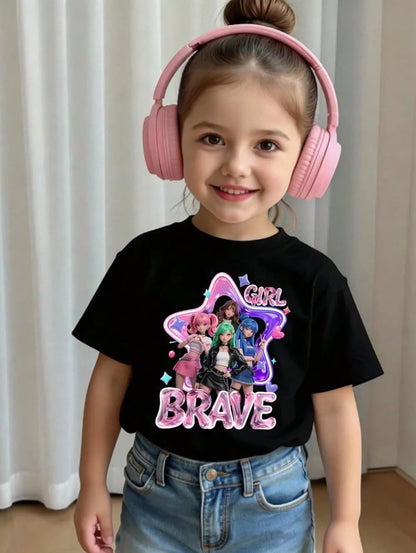 Kpop Cartoon Graphic Girls T-Shirt Casual Round-Neck T-Shirt Suitable for Girls Kids Gift Short Sleeve Tops Children's Clothing