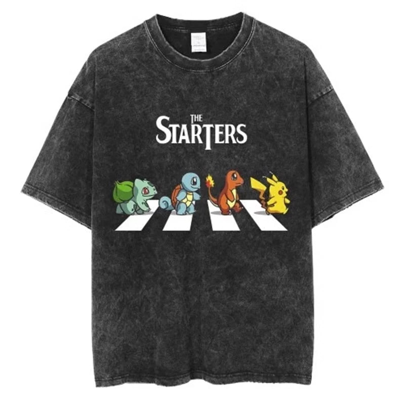 Pokemon Anime Retro Washed T-shirt Cotton Men's and Women's Summer New Item Plus Size T-shirt Y2K Loose Casual Short Sleeved Top