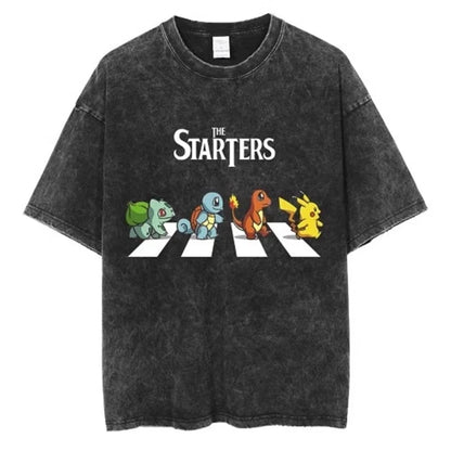 Pokemon Anime Retro Washed T-shirt Cotton Men's and Women's Summer New Item Plus Size T-shirt Y2K Loose Casual Short Sleeved Top
