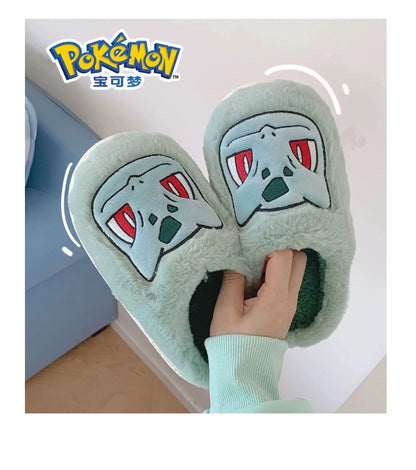 Pokémon Genuine Bulbasaur Indoor Fall and Winter Plus Velvet Warm Soft-soled Comfortable Cotton Slippers for Men and Women