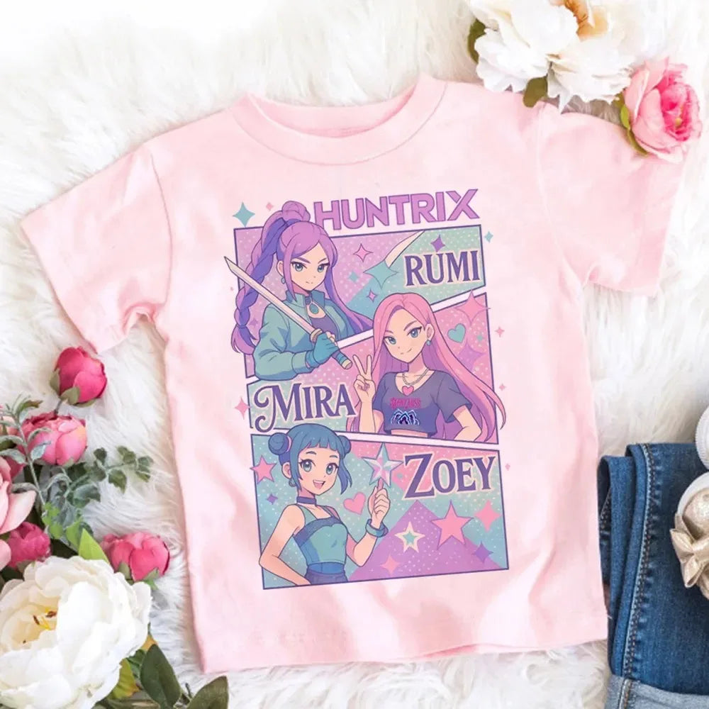 2026 Summer Kpop Demon Hunters T Shirt Kids Cartoon Anime Meme Print Clothes Round Neck Basic Boys Tops Casual Shirts Gift